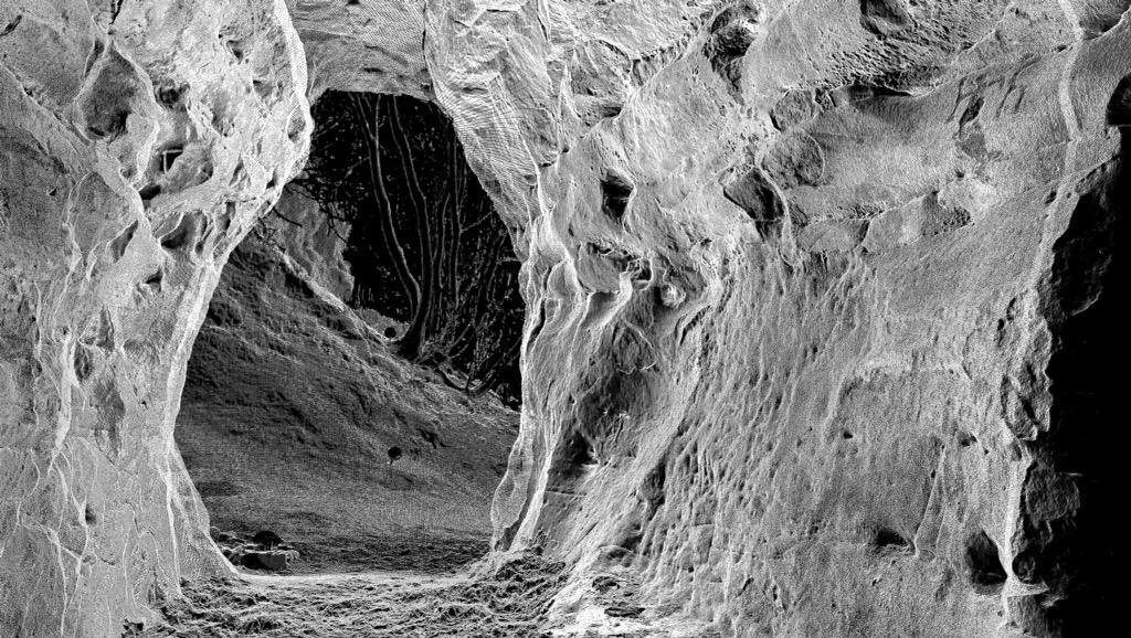 A mesh created from a point cloud of the Court Cave passage, looking towards the sea. Can you see the figure knowm as Thor with his symbol in the foreground towards the top right of the passsageway wall?