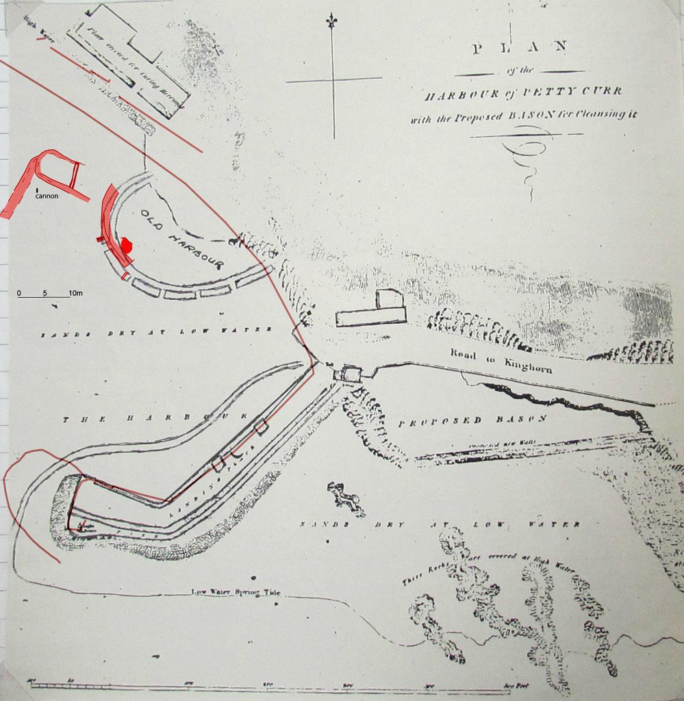 An old hand-drawn map labelled 'plan of the harbour of Pettycurr with the proposed basin for cleansing it' also showing a semi-circular structure labelled 'old harbour' with a stretch of the old harbour wall overlain in red