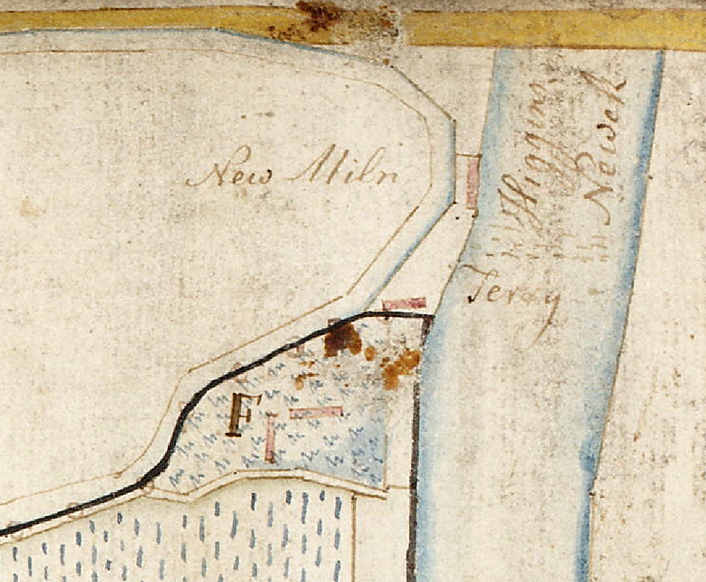 Detail from estate plan, Haughs of Airth, 1784, showing the old loop of the Pow Burn and buildings associated with the ferry at Higgins Newek (reproduced with teh permission of the national map Library of Scotland).