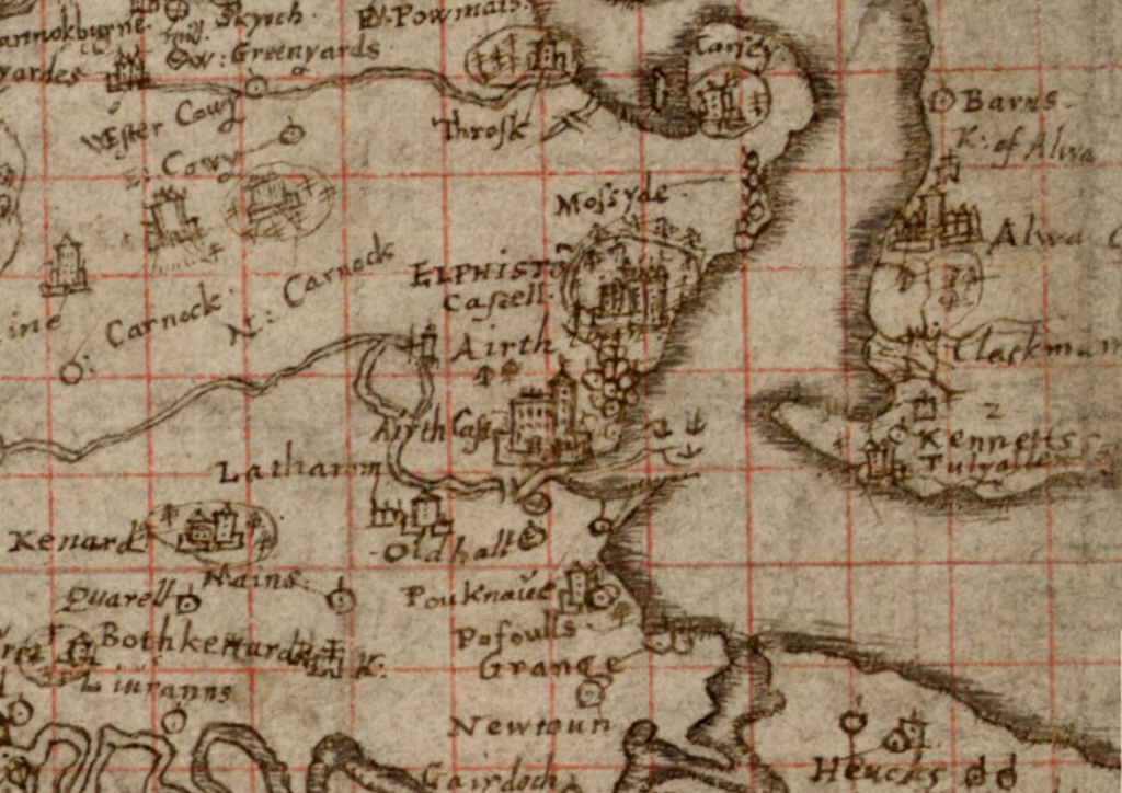 Timothy Pont’s late 16th century map showing ships at Airth. This is the only place on the Forth that he drew boats (Reproduced with the permission of the National Library of Scotland).