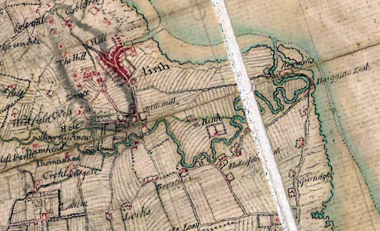 General Roy’s Military Survey of Scotland (1747-55), showing the site labelled ‘Newmills’ and ‘Haiggins Neuk’ (Reproduced with the permission of the National Library of Scotland).