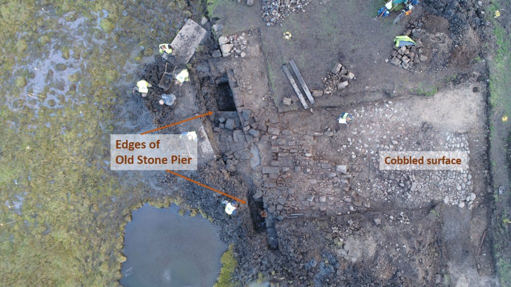 An aerial view of an archaeological trench showing a cobbled surface leading to a well-built stone surface in a waterlogged marshy area with either side labelled edges of Old Stone Pier