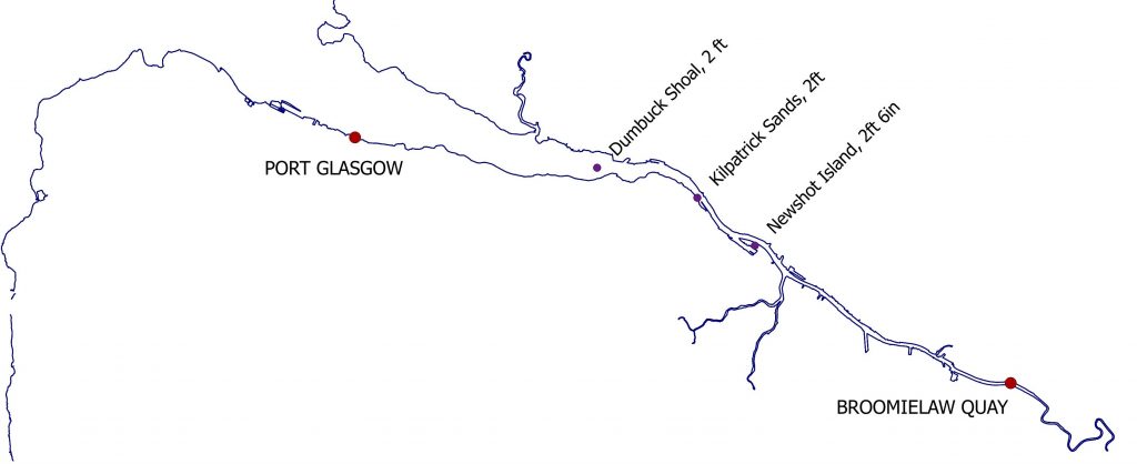 Map of the River Clyde showing Port Glasgow and Broomielaw Quay with three shallow stretches labelled