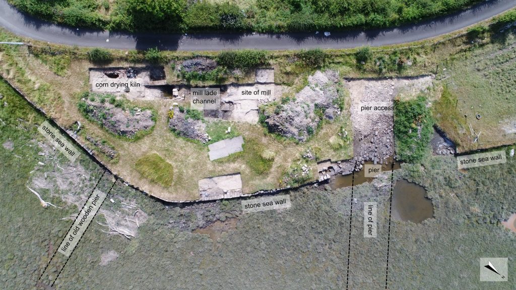 A vertical overhead view of an archaeological trench showing several features