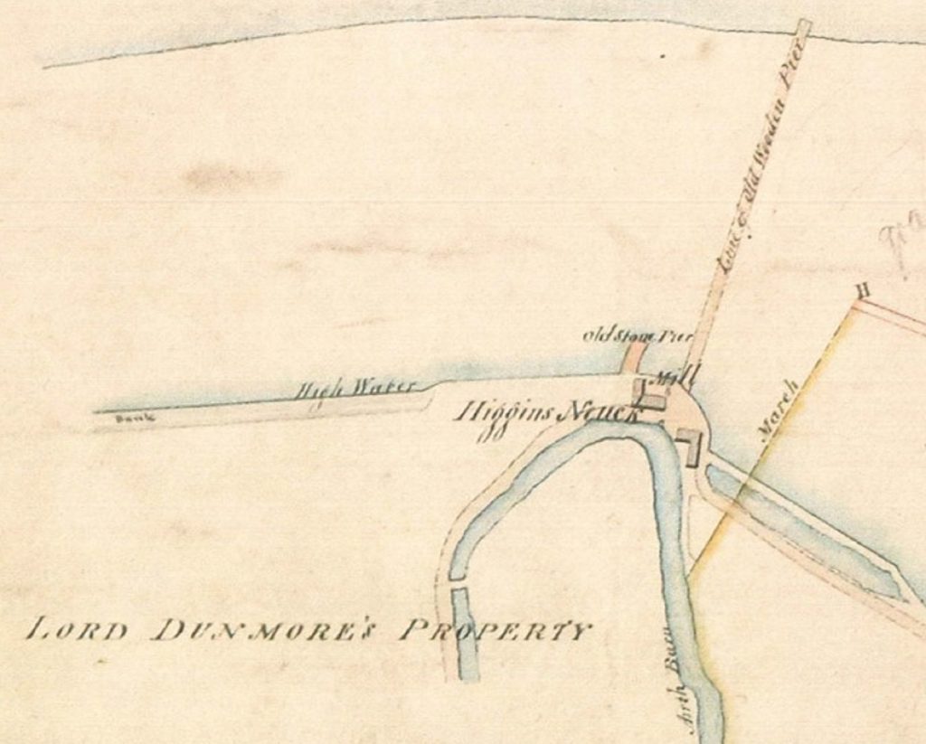 1828 map which shows two buildings, two old piers and a watercourse, named 'Higgins Neuk'