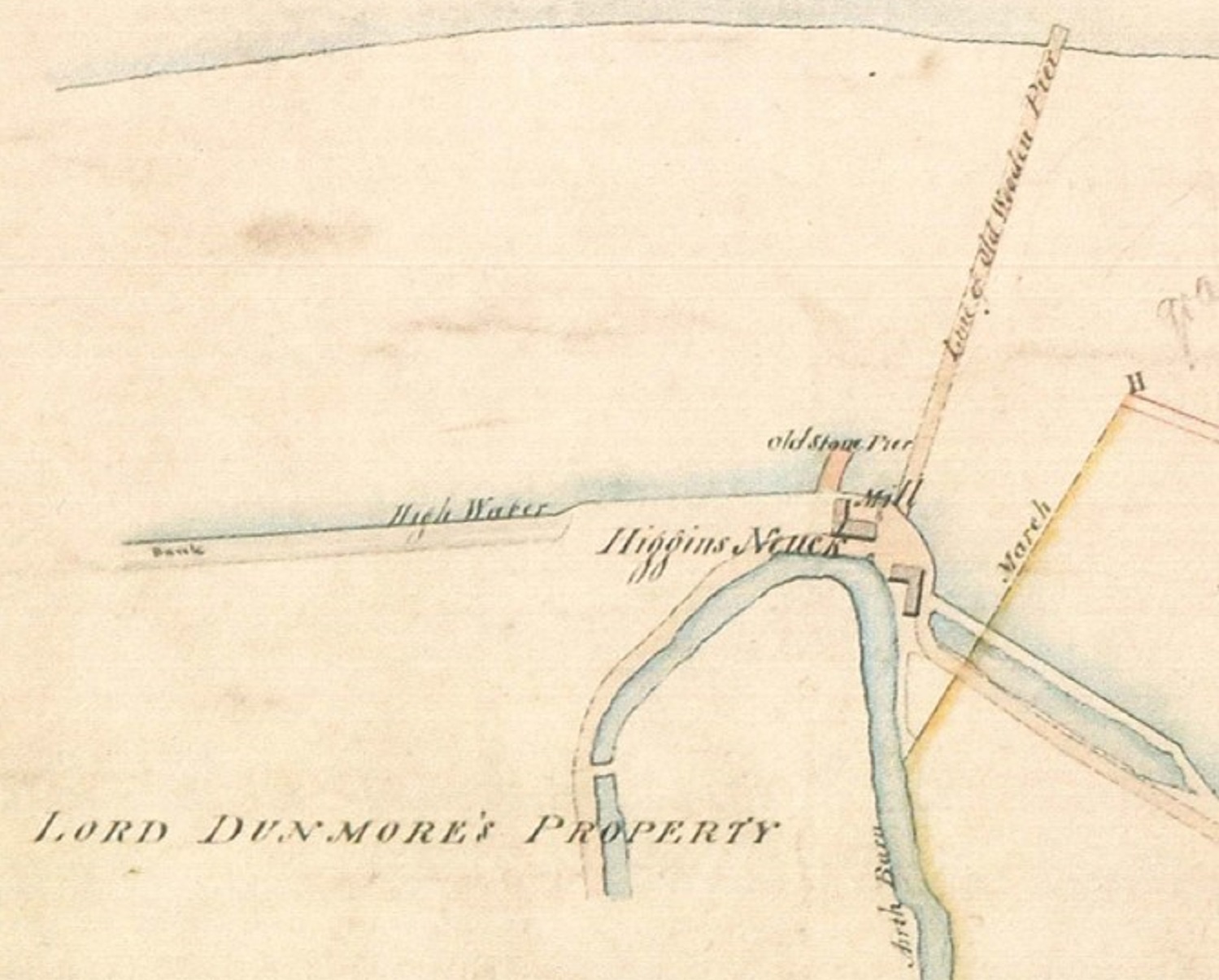 1828 map which shows two buildings, two old piers and a watercourse