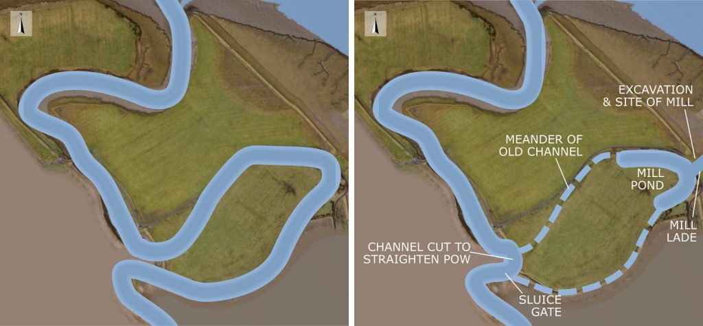 The original course of the Pow Burn (left) and its engineered course for the mills (right). Side-by-side overhead views of land on a riverfront showing how the course of a stream has been changed