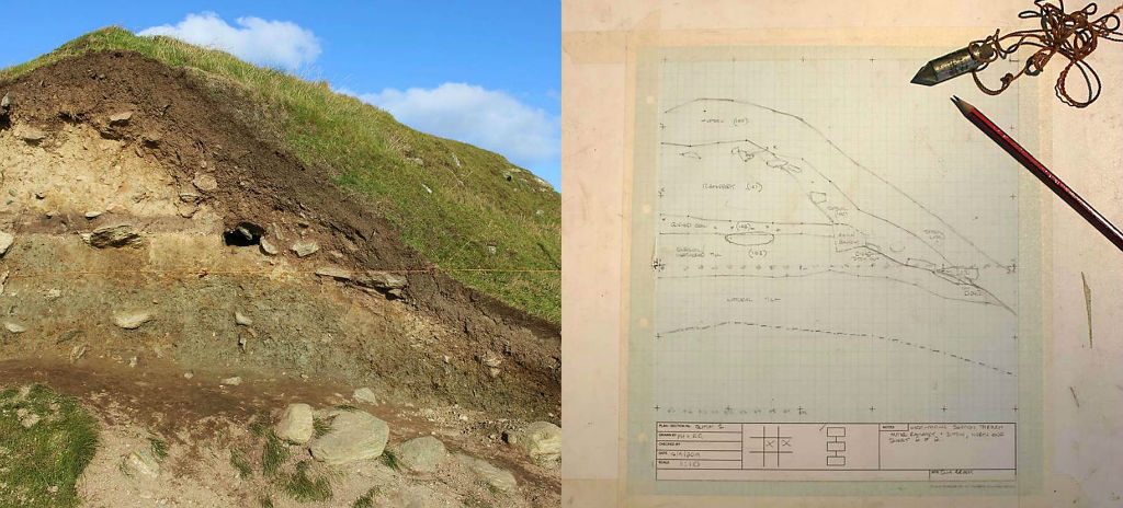 Two images side by side. Photo on the left shows a section across an earthwork bank. Photo on the right shows a scale drawing of the same section taped onto a drawing board with pencil and plumb bob lying in the corner