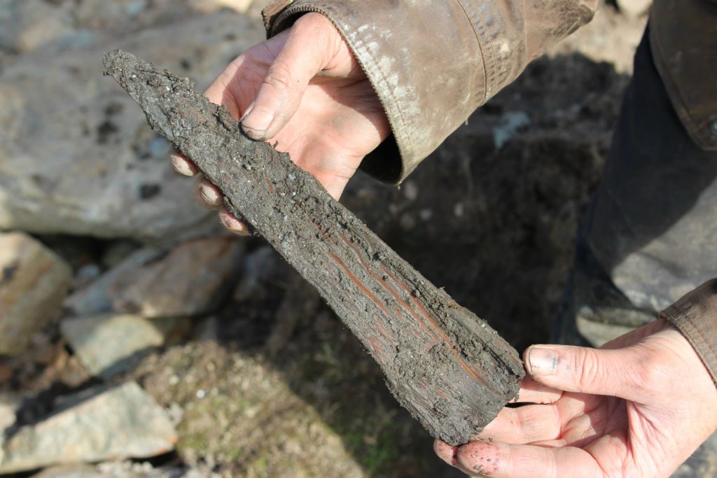Close up of hands holding a wedge-shaped wooden object covered in mud