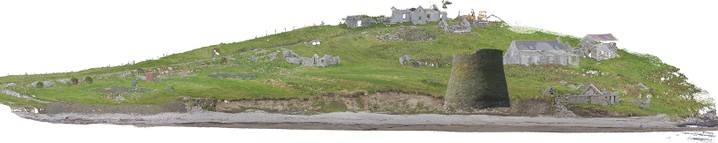 A digital landscape model of a grassy slope leading down to a beach with several ruined stone buildings on the slope and a high circular stone tower superimposed on the coast edge