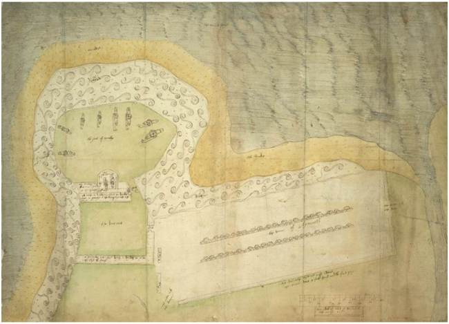 1557 spy plan of Eyemouth fort showing the defences and cannon on the fort and the town.