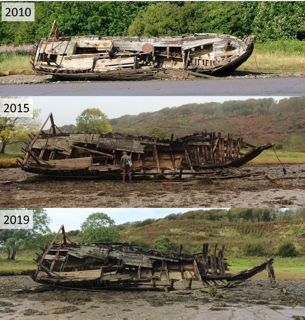 Three photos of the boat from the same angle, showing the deck. The top one labelled 2010 shows it mostly intact, the middle one labelled 2015 shows the forward half of the deck gone and the hull collapsed around the bow to leave timbers on the ground, and the bottom photo labelled 2019 shows lost of the forward art of the hull gone except for a few ribs and the stem post. All of the deck is gone around the bow, collapsed around the midship area with only a small patch of deck planking around the stern