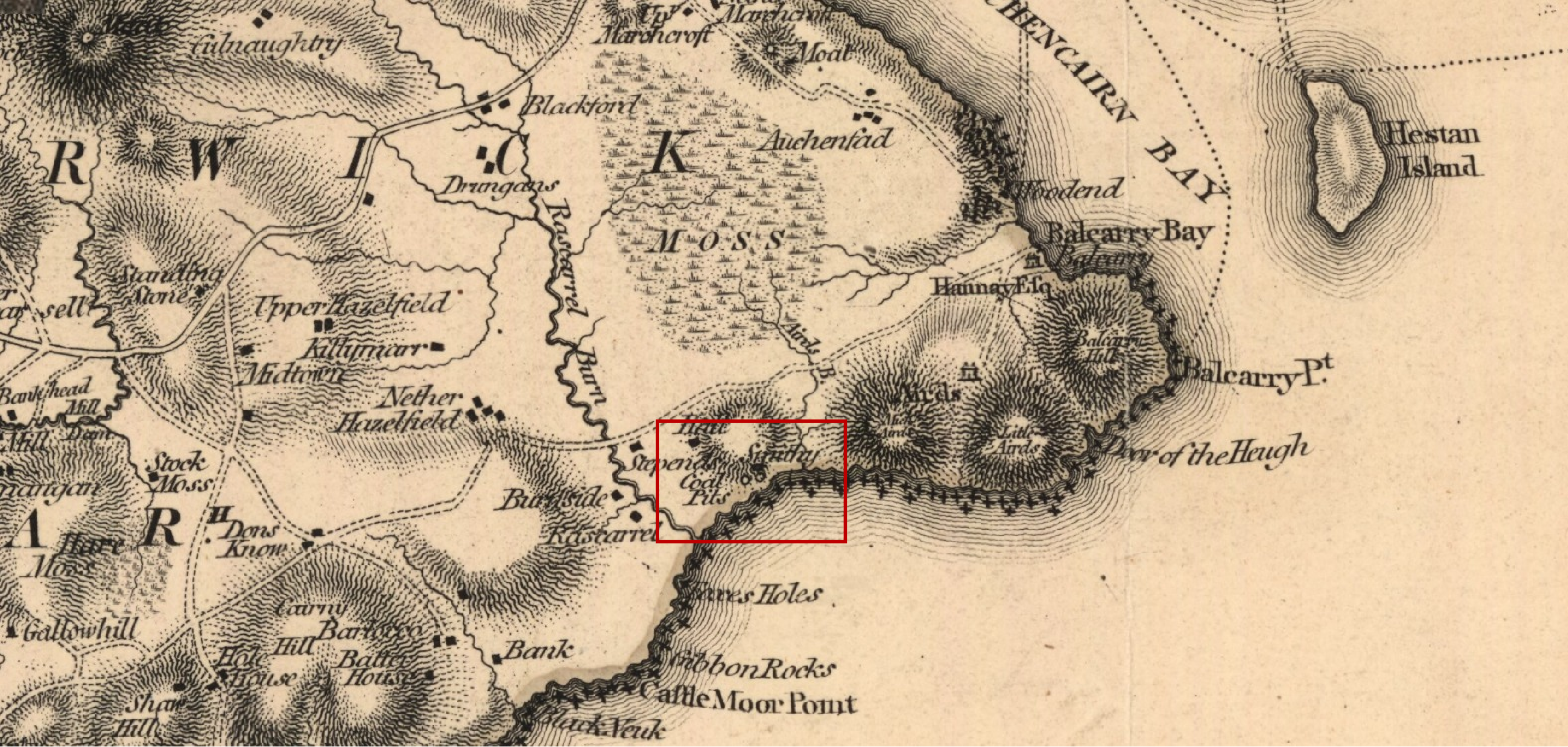 A historic map of the Auchencairn coast showing coal pits and a smithy labelled between the Rascarrel Burn and the Airds Burn, highlighted with a red box around the area of interest