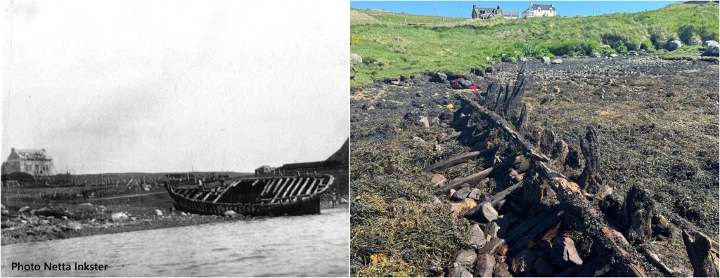 Two photos side by side. The left one is black and white and shows a large wreck on the beach with a house under construction in the background. The photo on the right is colour and shows the ribs of a wooden wreck covered in stones and seaweed and two houses in the background.