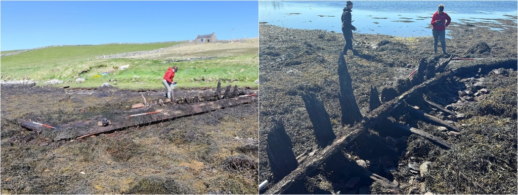 Two colour photos side by side showing two angles of a wooden wreck covered in seaweed with figures in the background