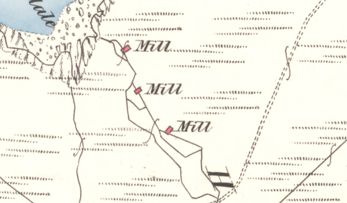 Historic map showing three horizontal mills