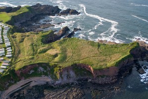 Eyemouth Fort aerial view showing the two lines of defensive earthworks