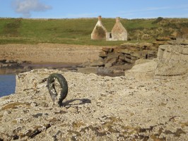 Closer view of mooring ring with salmon bothy [1481] in background, looking N