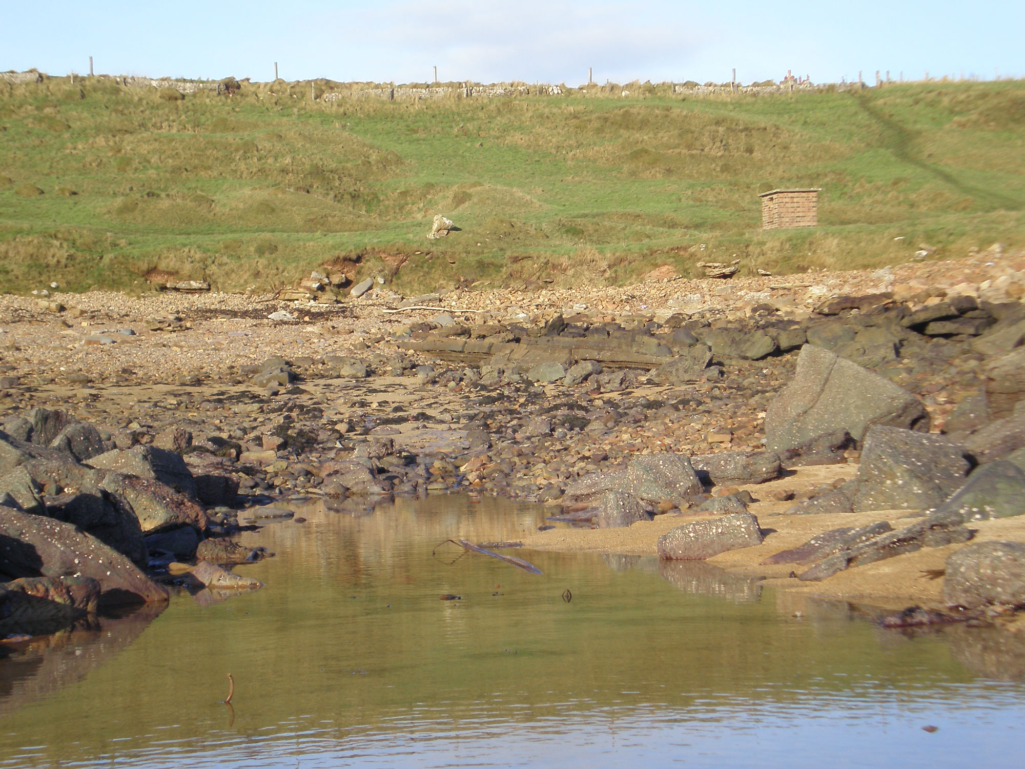View from shore showing relationship with indicator loops, WW2 earthworks in background [1484] looking NW