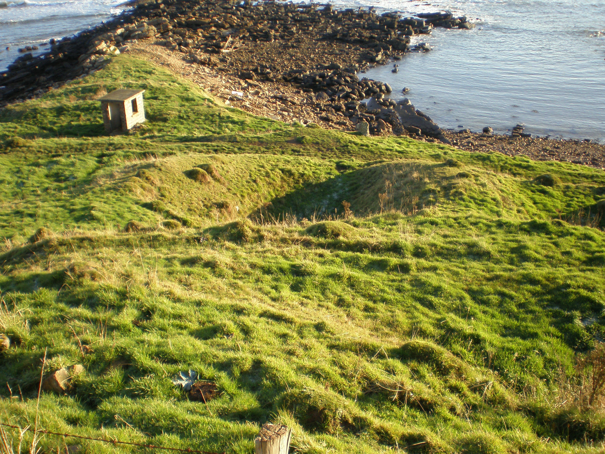 Earthworks [1484] in foreground, coastguard hut in ackground, looking SE