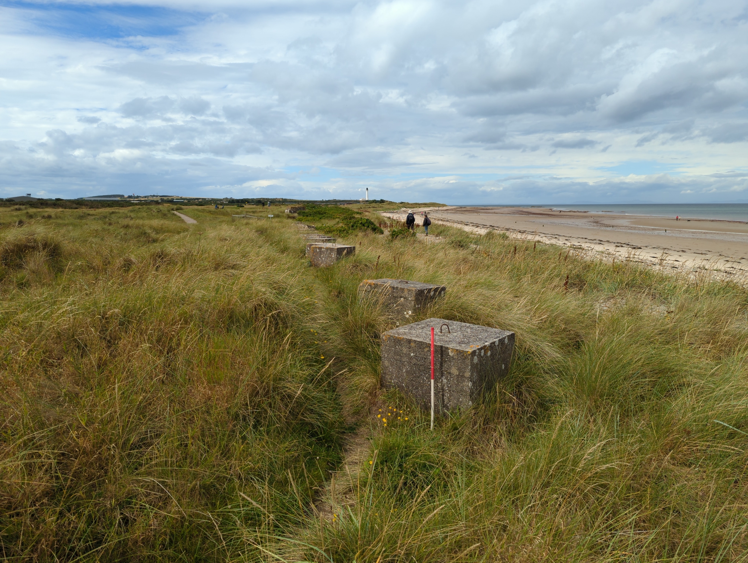 Anti-tank blocks in dunes at edge of golf course, looking west, central on West beach.