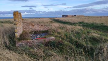 Remains of red brick structure, looking east