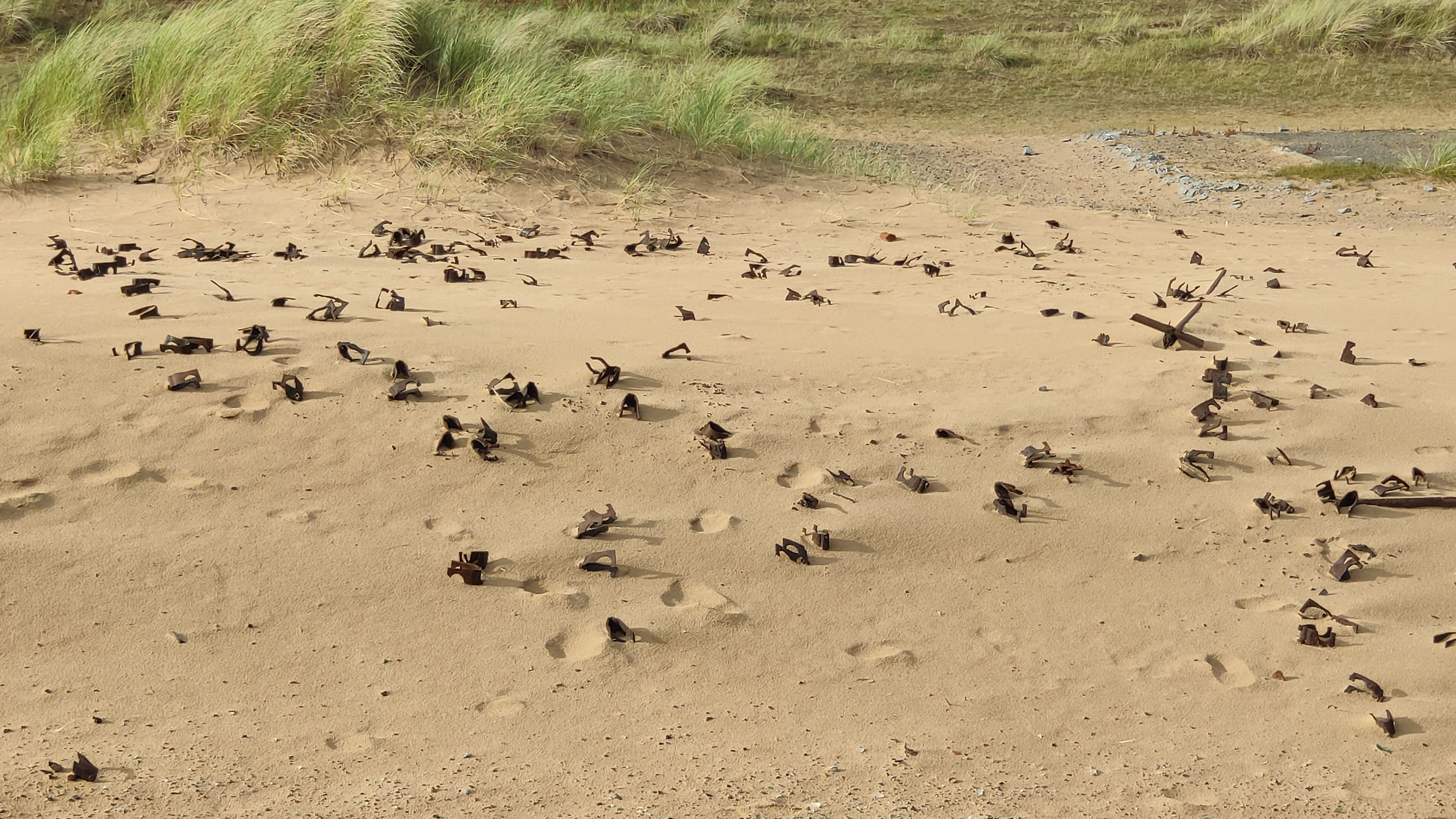 Remains of scaffolding fittings lying on surface of flat dune area