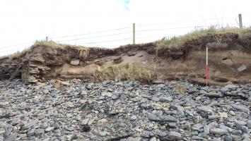 Eroded west end of the wall on the left of the photograph. Buried deposits extending around the structure comprising black soily sand containing frequent burnt material can be seen at the base of the ranging rod.