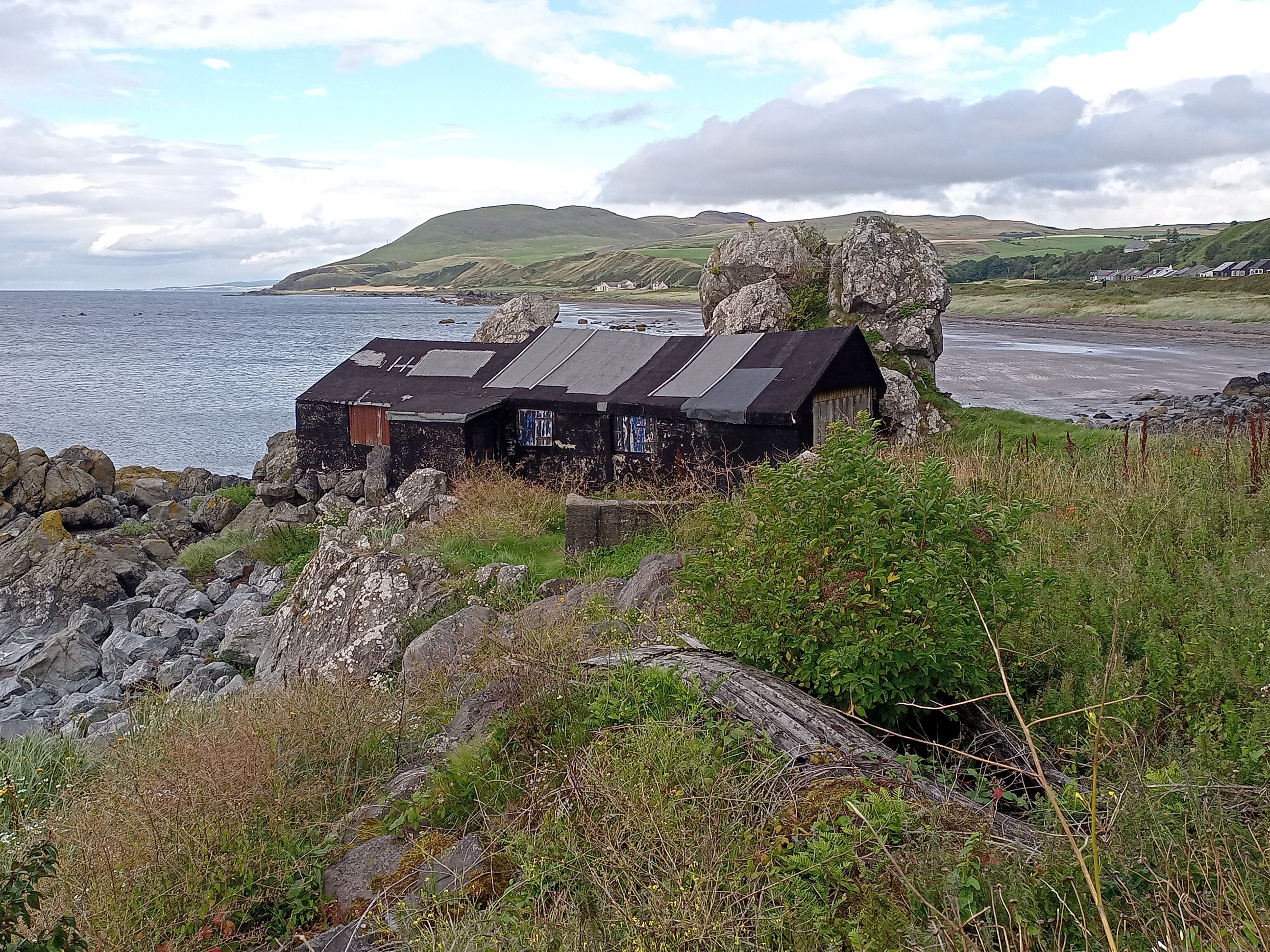 Fishing sheds with remains of wooden boat nestled within vegetation in foreground