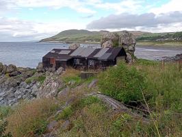 Fishing sheds with remains of wooden boat nestled within vegetation in foreground