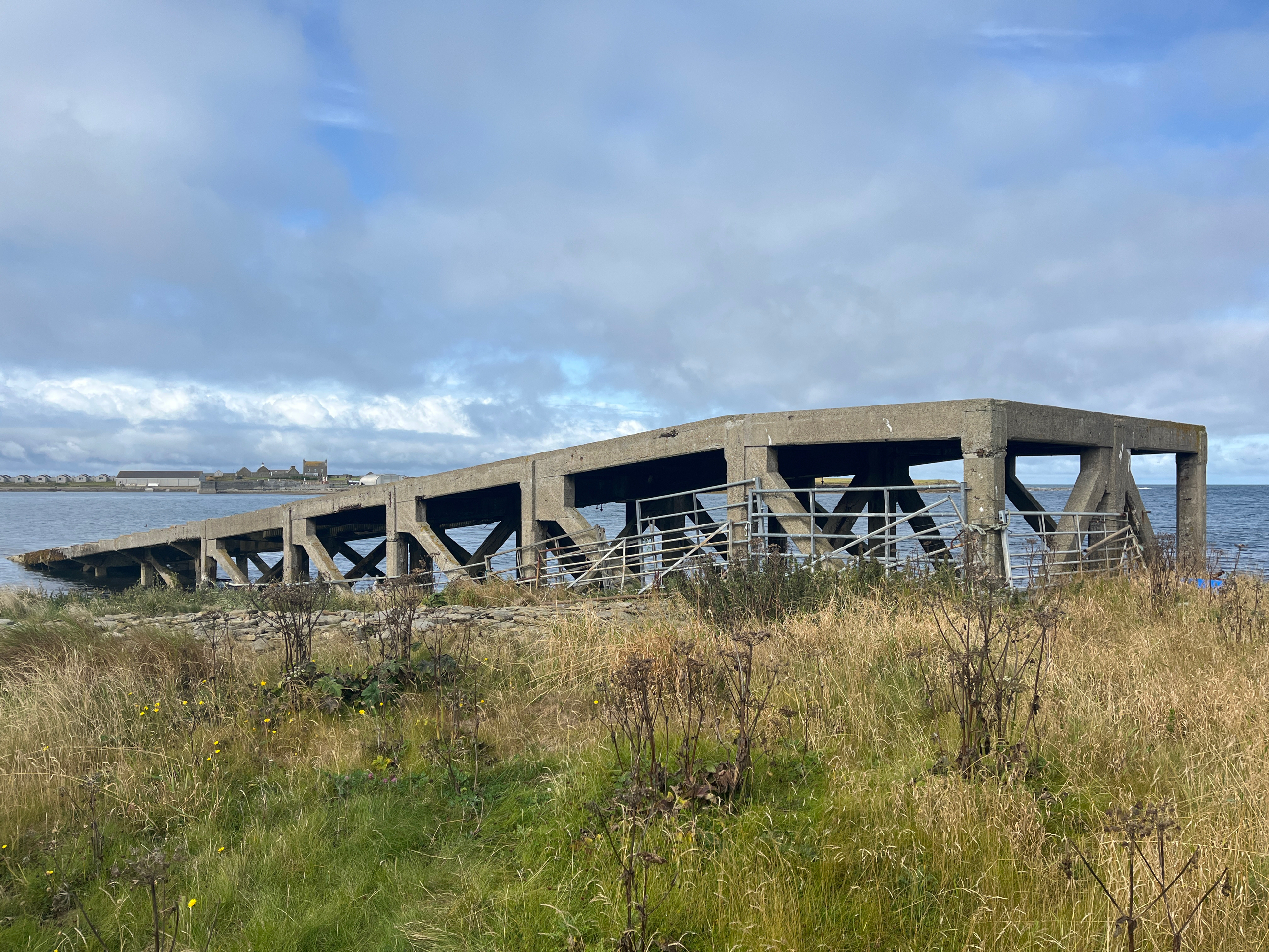 View of concrete slipway looking north to Papa Stronsay